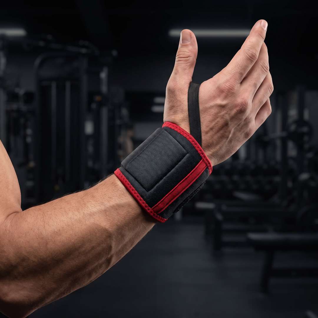 Three-quarter angle of wrist wrap worn during a stretch, soothing warmth wherever you need it