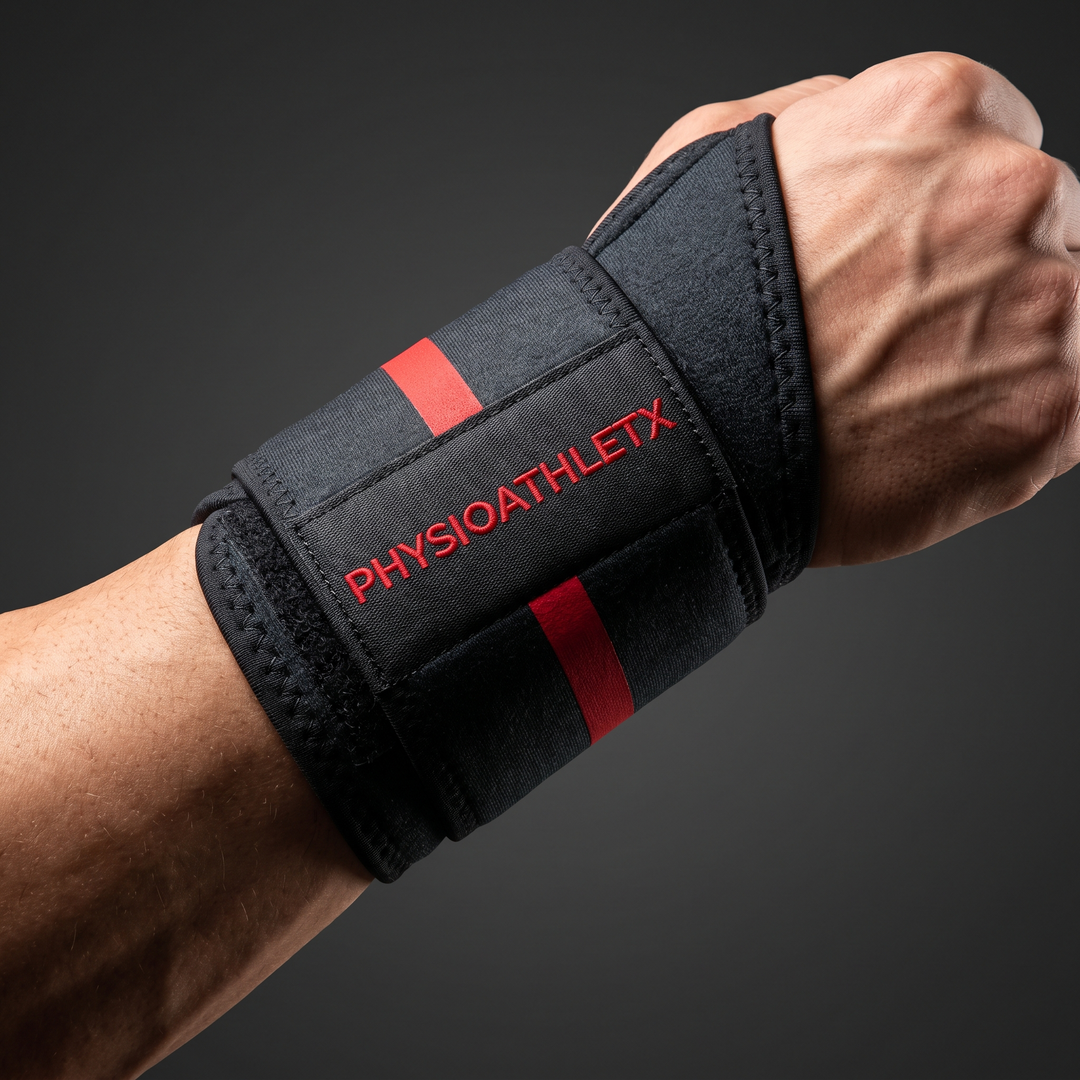 Rechargeable heat wrap worn on the wrist, front view, adjustable compression fit