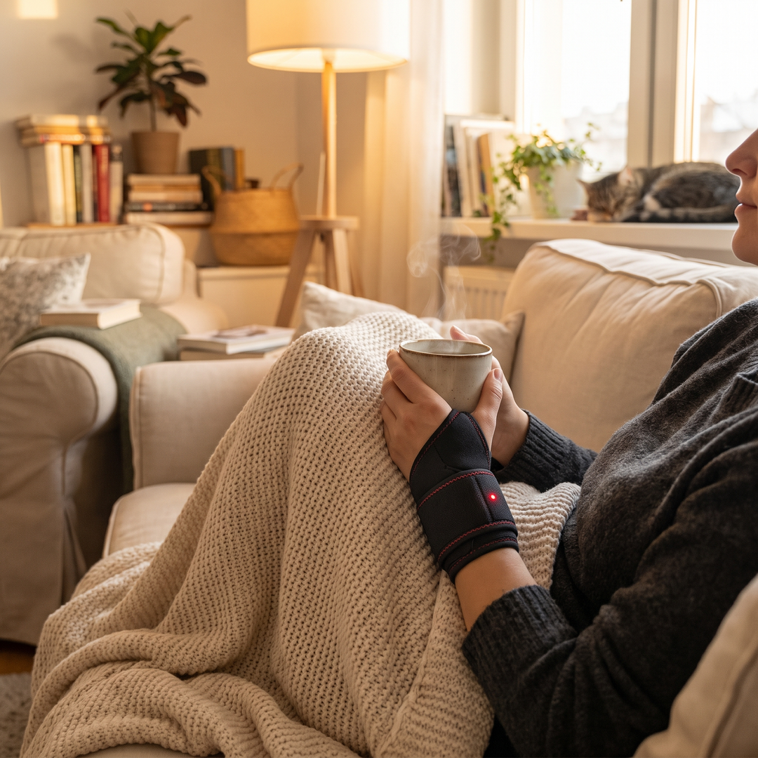 Cozy at-home relaxation scene wearing the wrist wrap on the couch