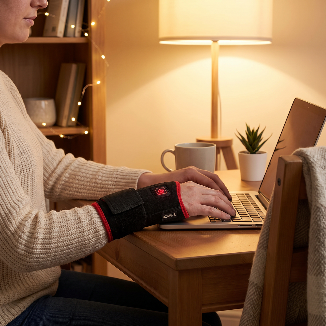 Cozy home desk scene, wrist wrap worn for daily comfort