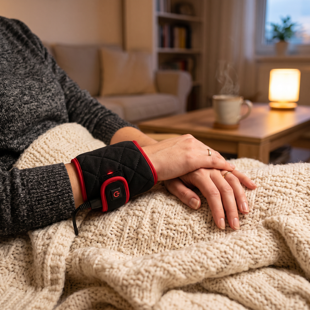 Close-up of hands wearing the wrist wrap in a cozy home setting