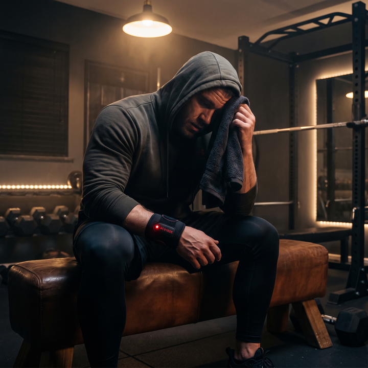 Post-workout comfort scene, athlete wearing wrist wrap resting in a home gym