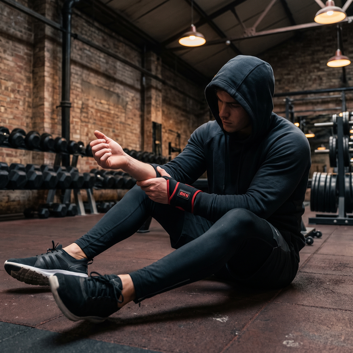 Post-workout wrist stretch while wearing the wrap in a dark home gym