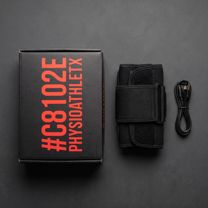 Packaging flat lay with wrist wrap and USB charging cable