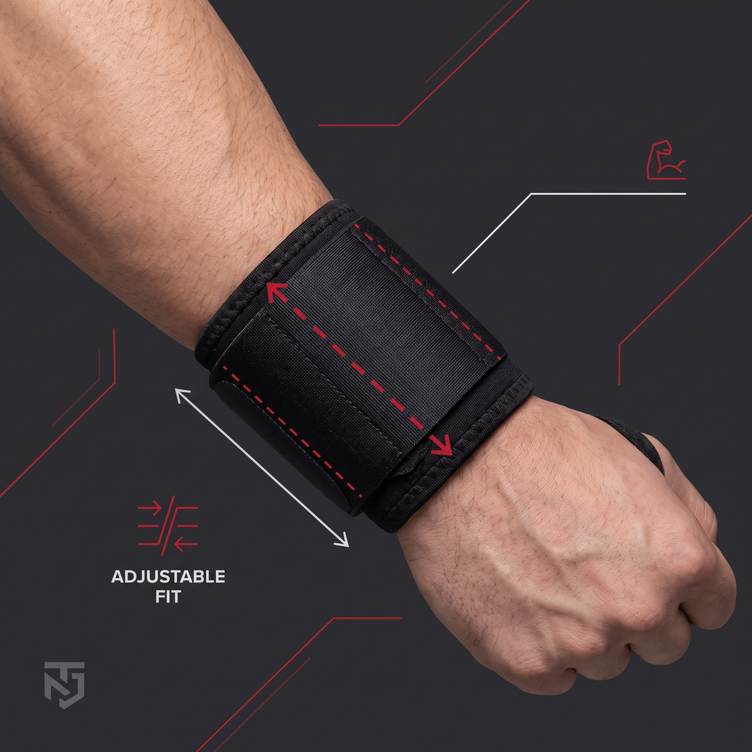 Size reference diagram showing adjustable fit range on the forearm