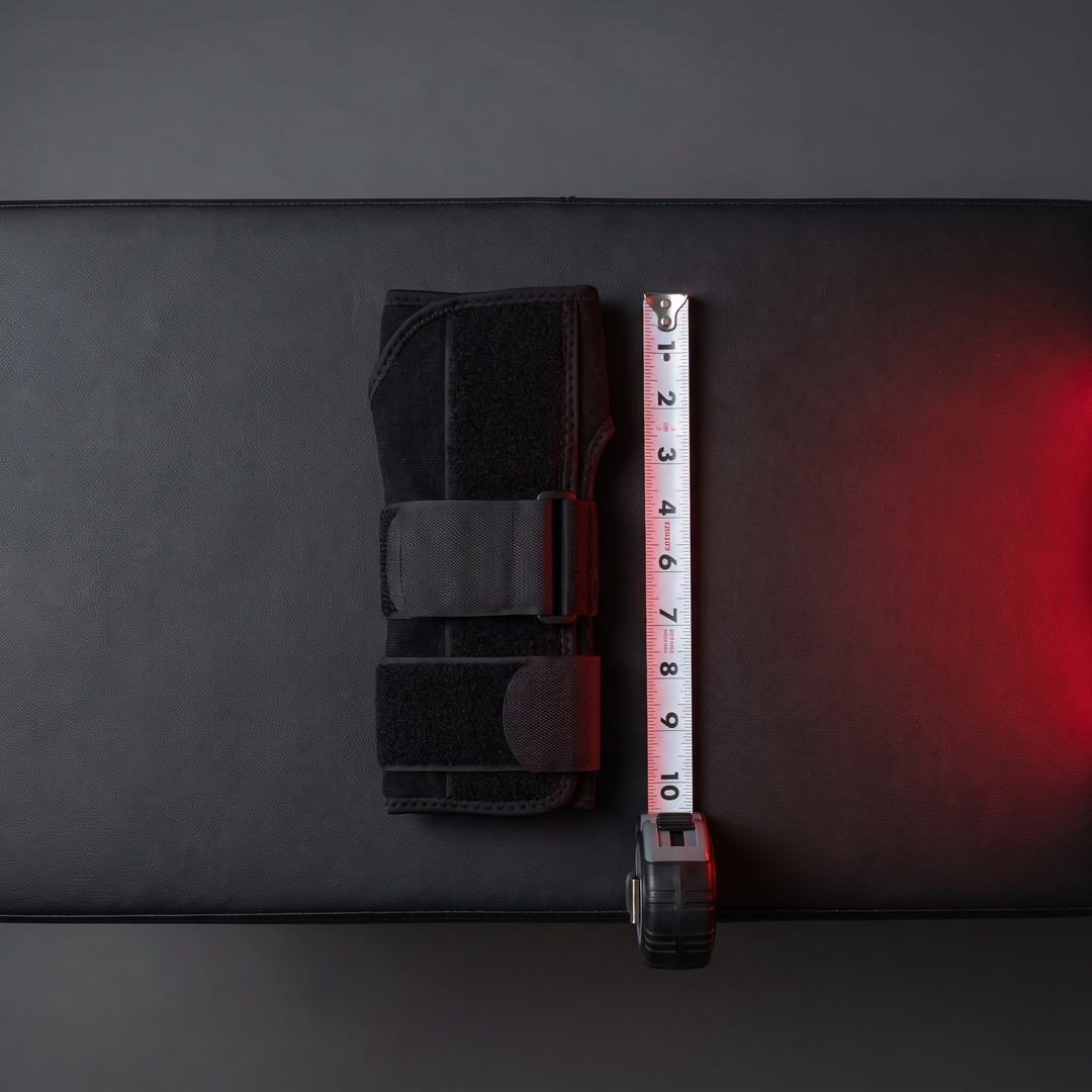 Size reference showing adjustable wrap dimensions with tape measure