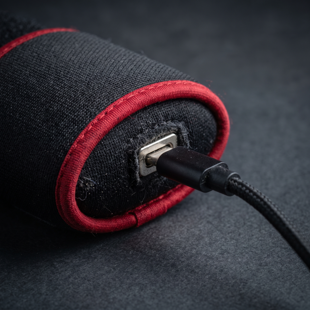 Close-up of the USB rechargeable charging port and cable