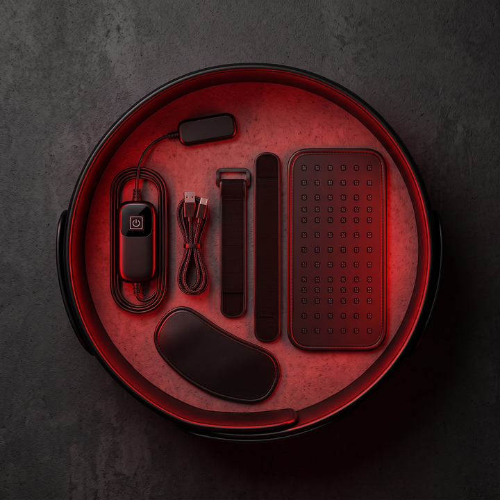 Top-down flat lay hero shot of the heat wrap belt with accessories