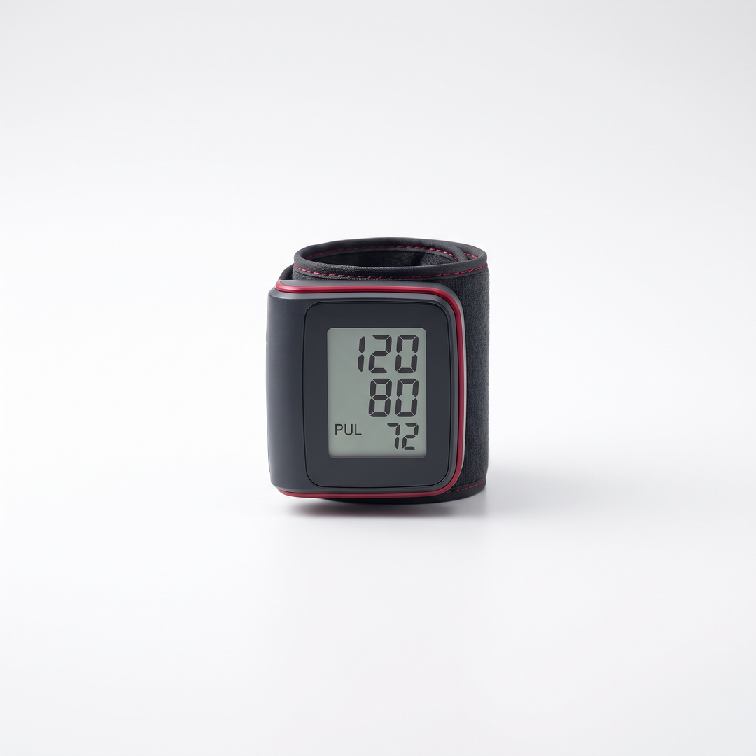 Home wrist blood pressure monitor, front view with digital display for daily wellness tracking