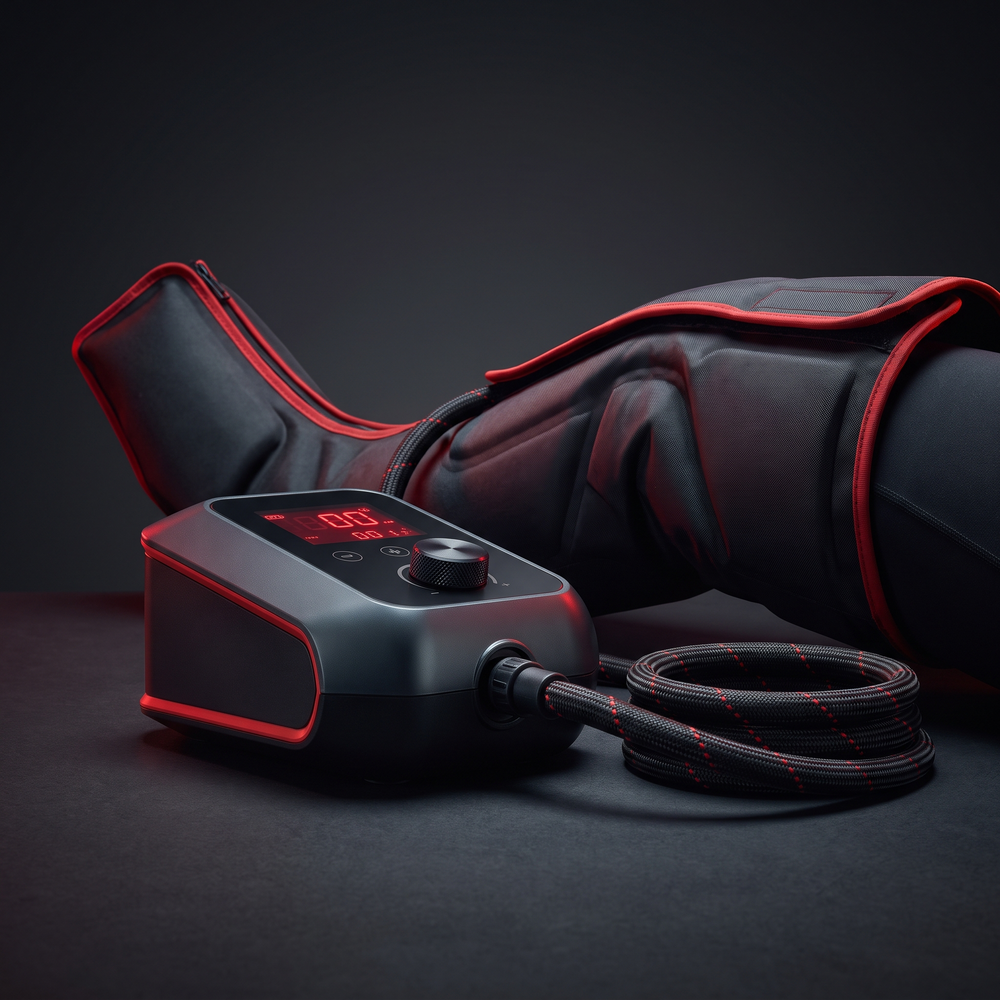 Hot/cold compression recovery device three-quarter view showing control unit and hose