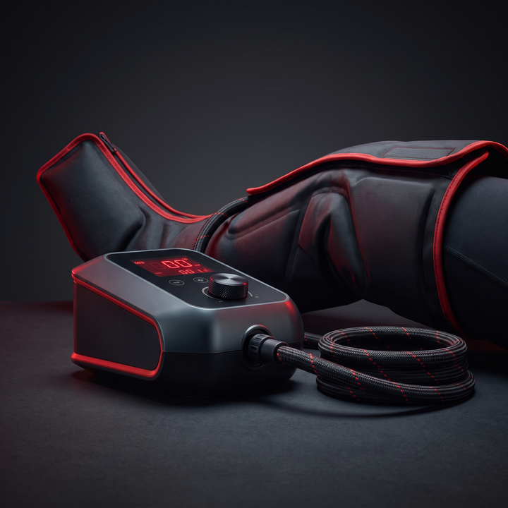 Hot/cold compression recovery device three-quarter view showing control unit and hose