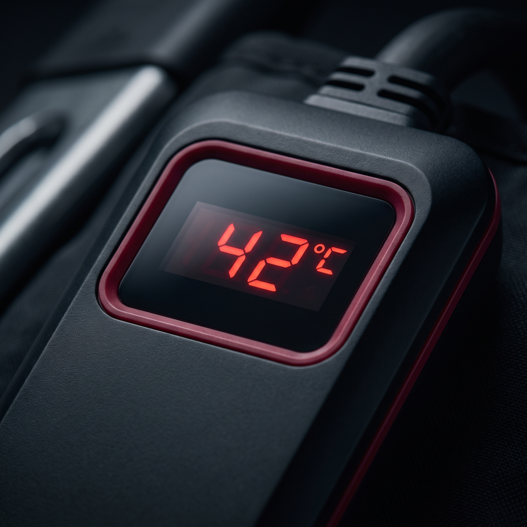 Close-up of digital temperature display on compression recovery device control unit