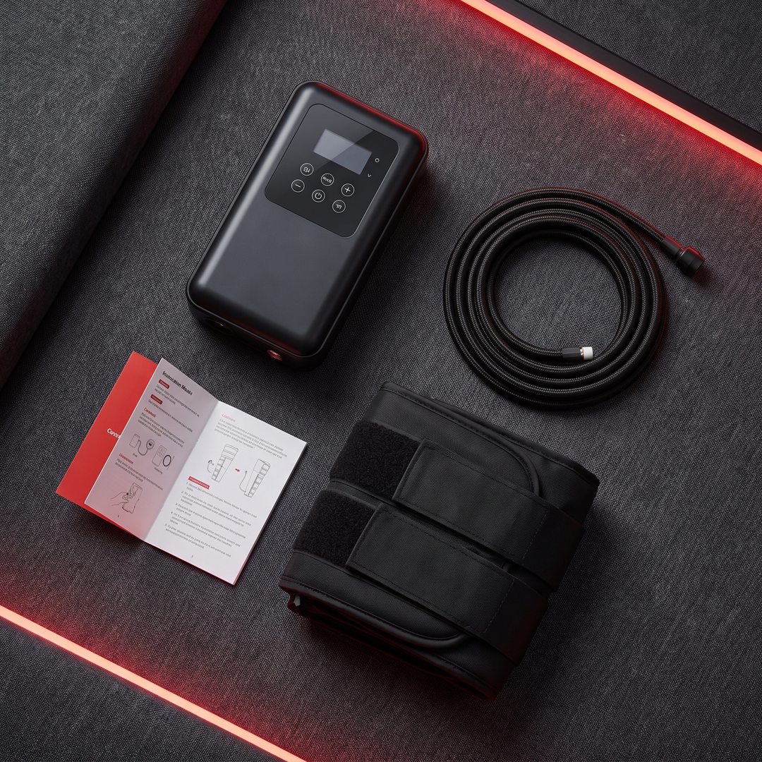 Compression recovery device package contents including control unit, hose, and wrap