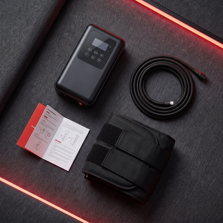 Compression recovery device package contents including control unit, hose, and wrap