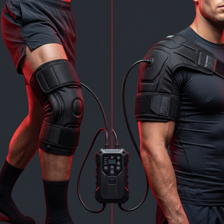 Compression recovery wrap shown fitted on knee and shoulder for versatile use