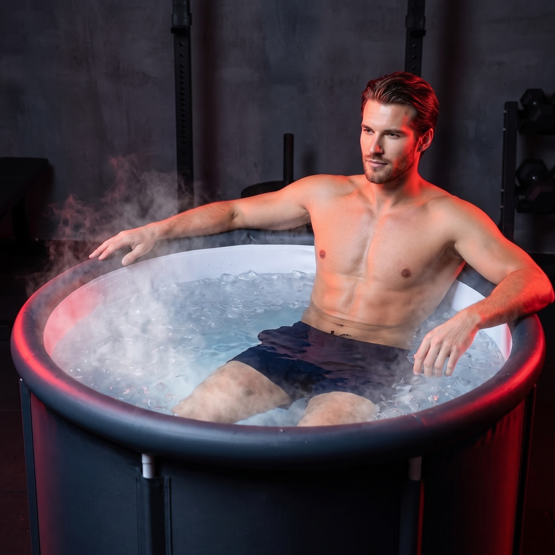 PHYSIOATHLETX Ice Bath Tub - cold plunge recovery tub - athlete relaxing during cold plunge recovery ritual