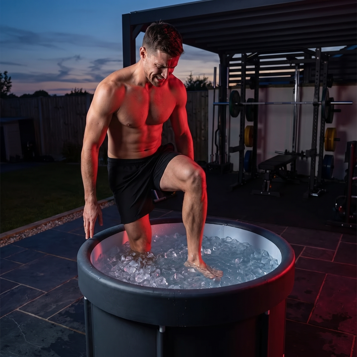 PHYSIOATHLETX Ice Bath Tub - cold plunge recovery tub - athlete stepping in for post-workout cold plunge recovery