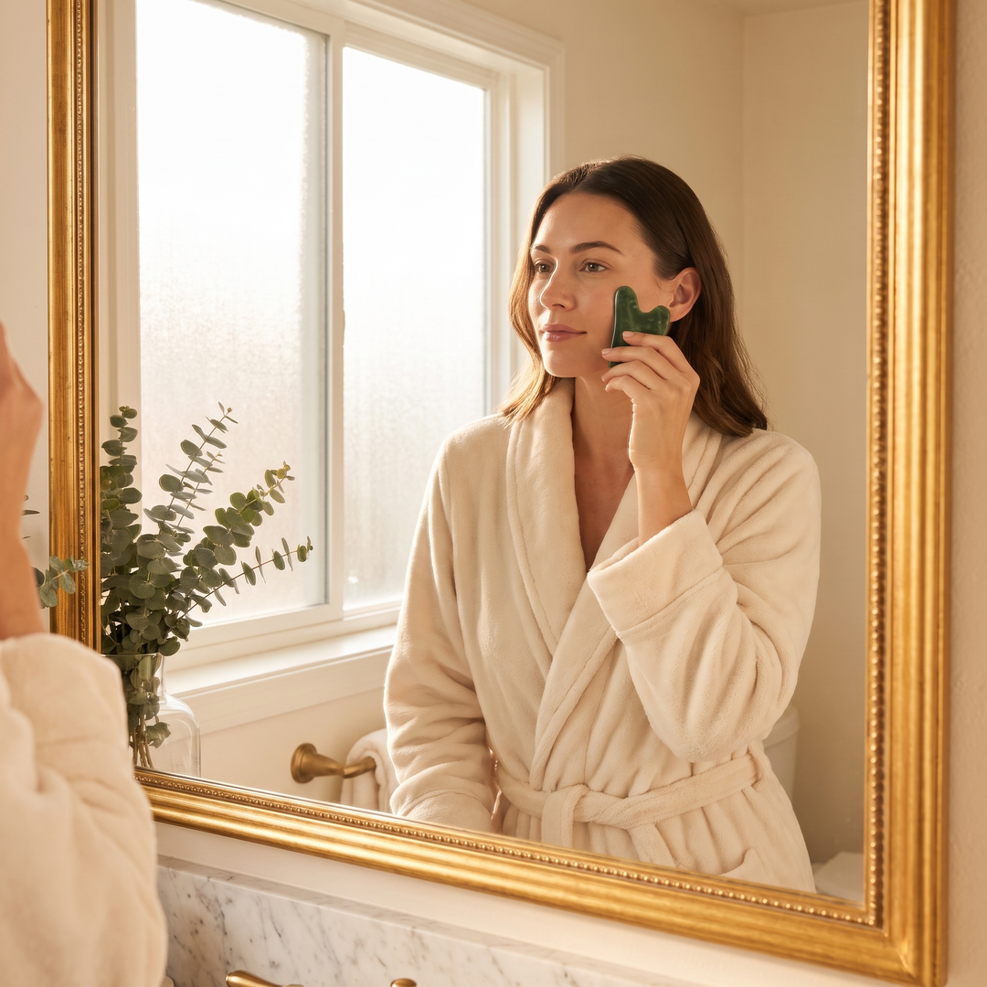 Woman holding a jade gua sha tool in front of a bathroom mirror during a self-care ritual