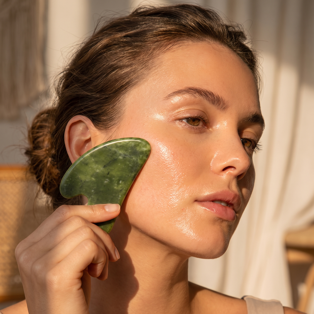 Jade gua sha tool gliding across the cheekbone during a facial massage ritual