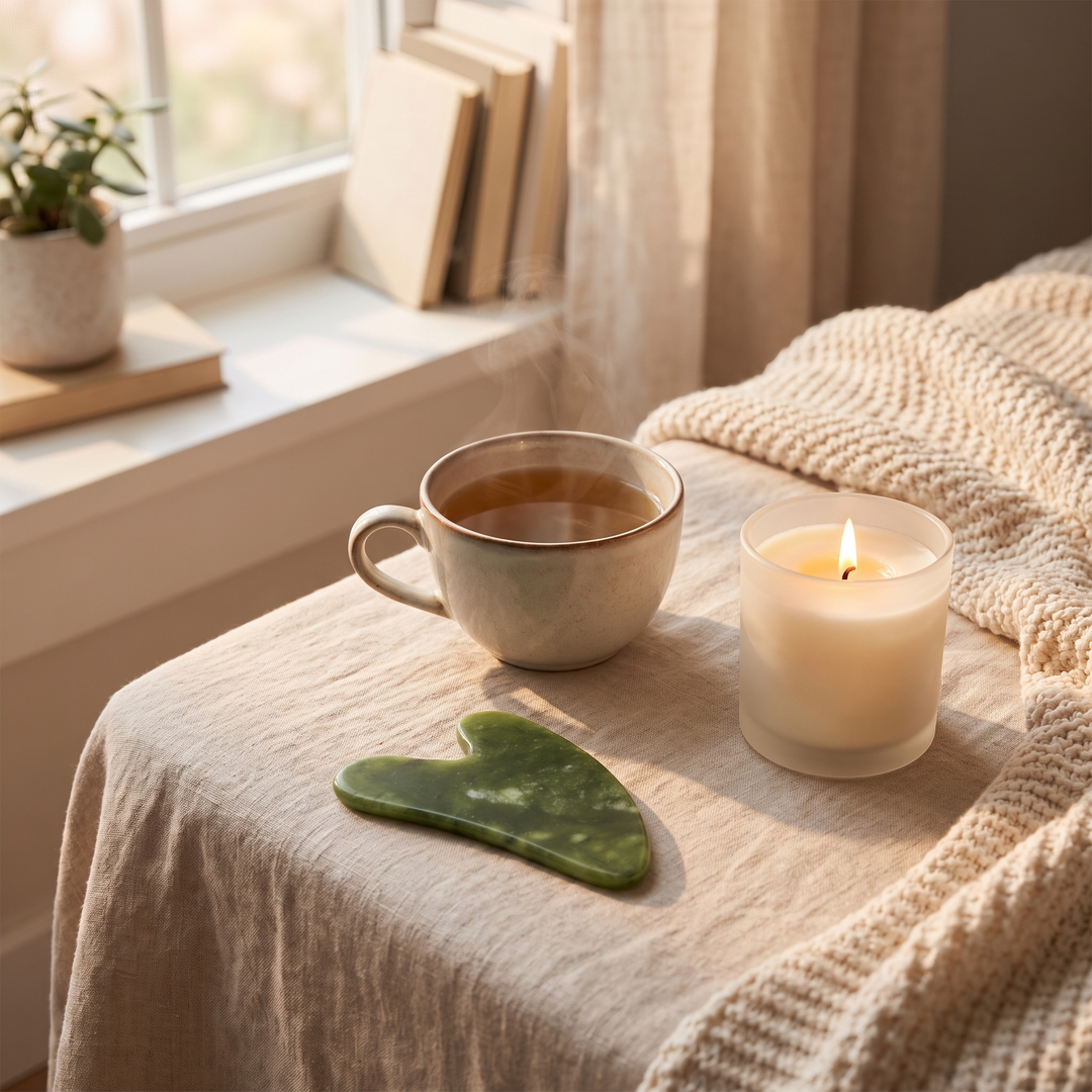 Jade gua sha tool on a bedside table as part of a cozy morning self-care routine