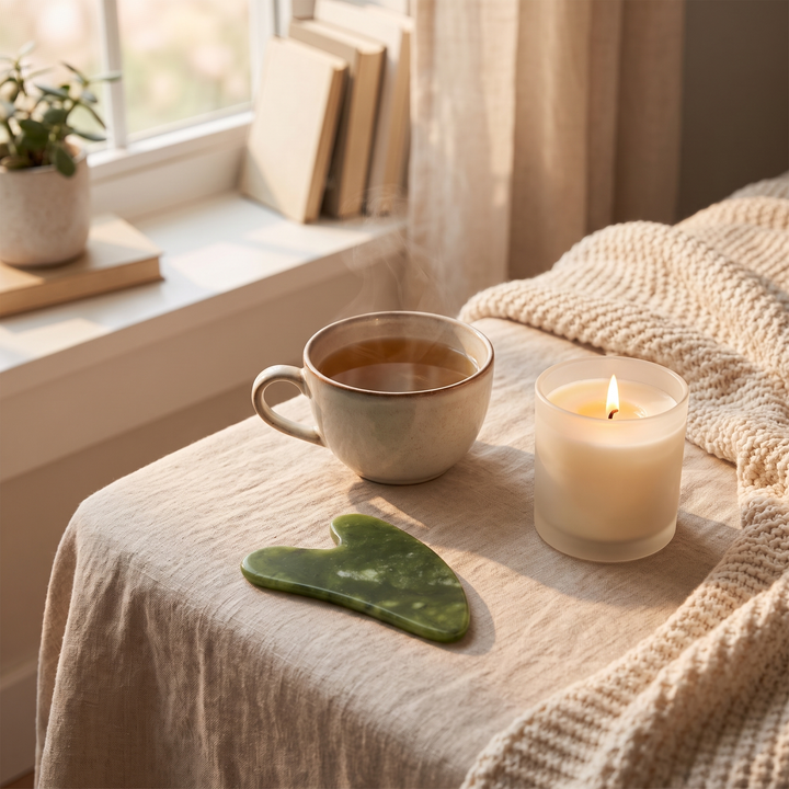 Jade gua sha tool on a bedside table as part of a cozy morning self-care routine