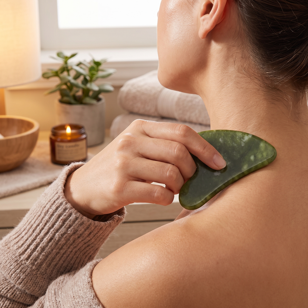 Jade gua sha tool used on the neck and shoulder in a home spa setting