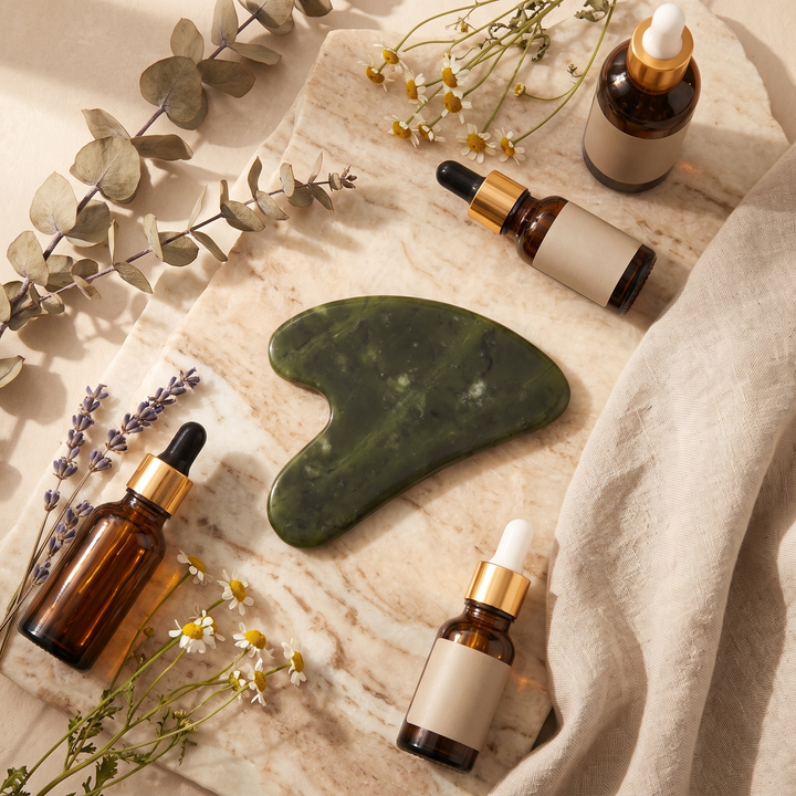 Jade gua sha tool arranged with skincare essentials in a home spa flat lay