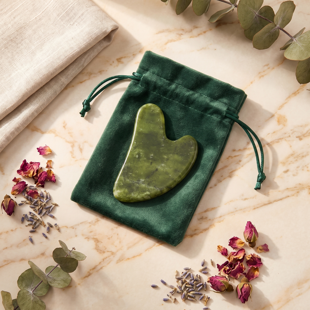 Jade gua sha beauty tool presented in an elegant velvet pouch