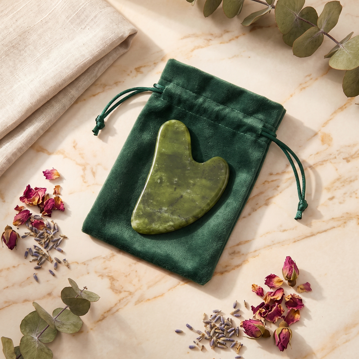 Jade gua sha beauty tool presented in an elegant velvet pouch