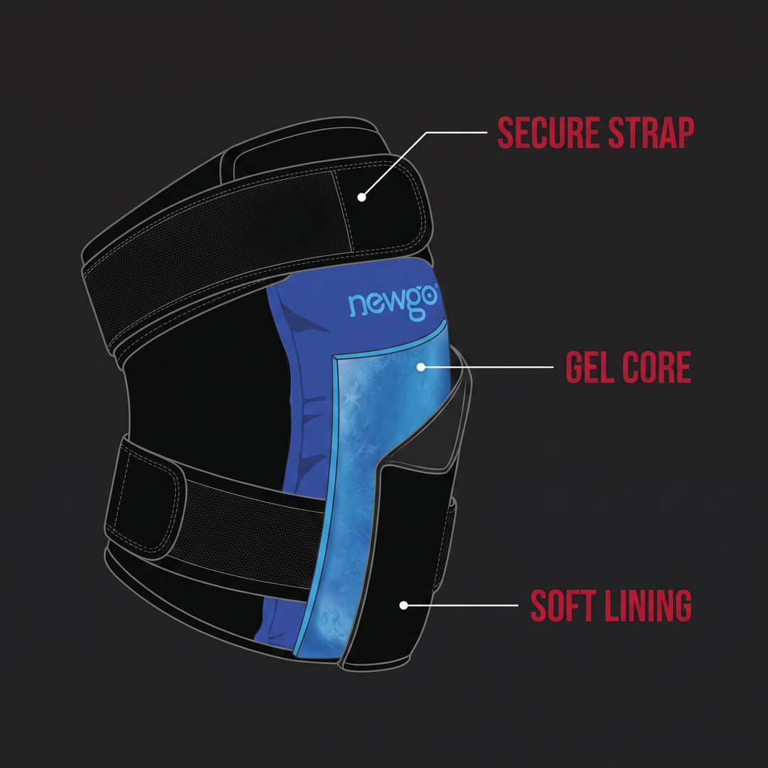 Mechanical cutaway diagram of knee ice pack wrap gel core, lining, and strap
