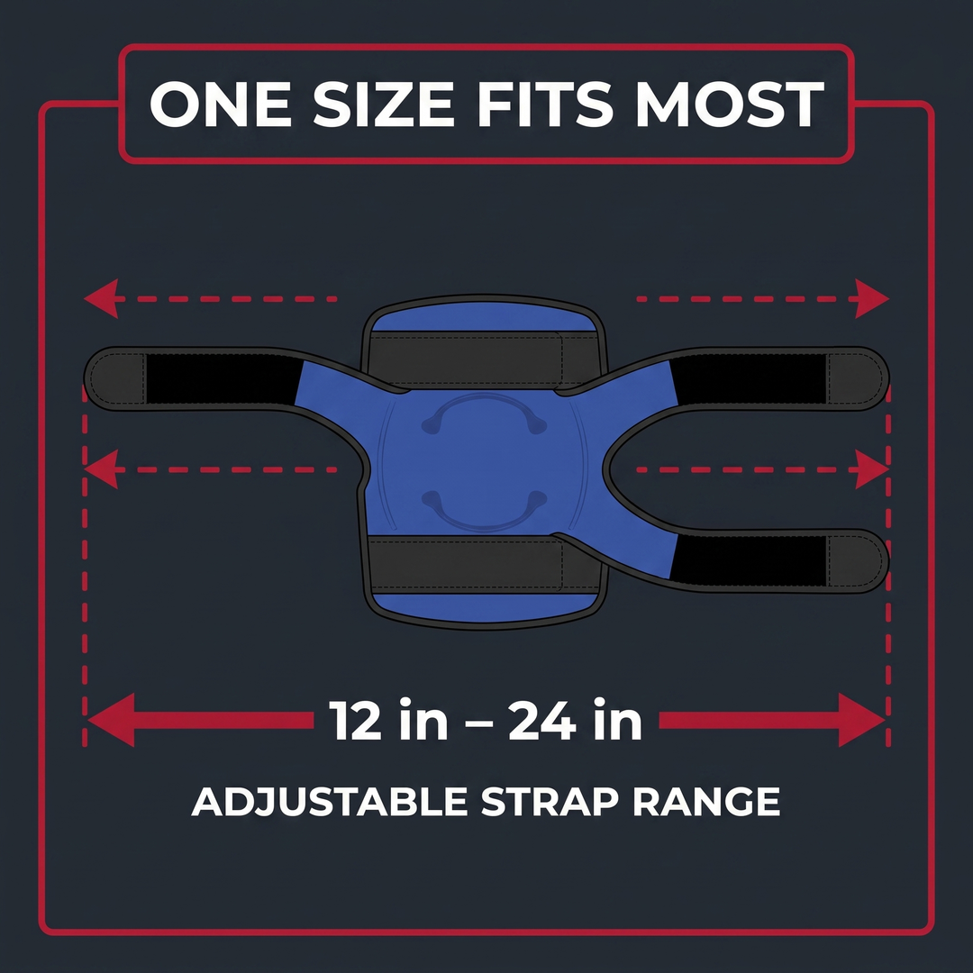 Adjustable strap fit range diagram - one size fits most knees
