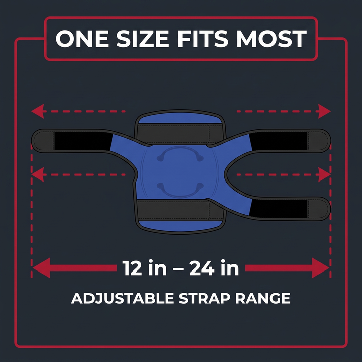 Adjustable strap fit range diagram - one size fits most knees