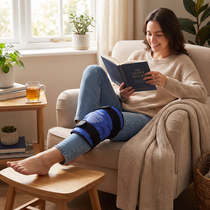 Person seated in an armchair with the knee ice pack wrap on their knee