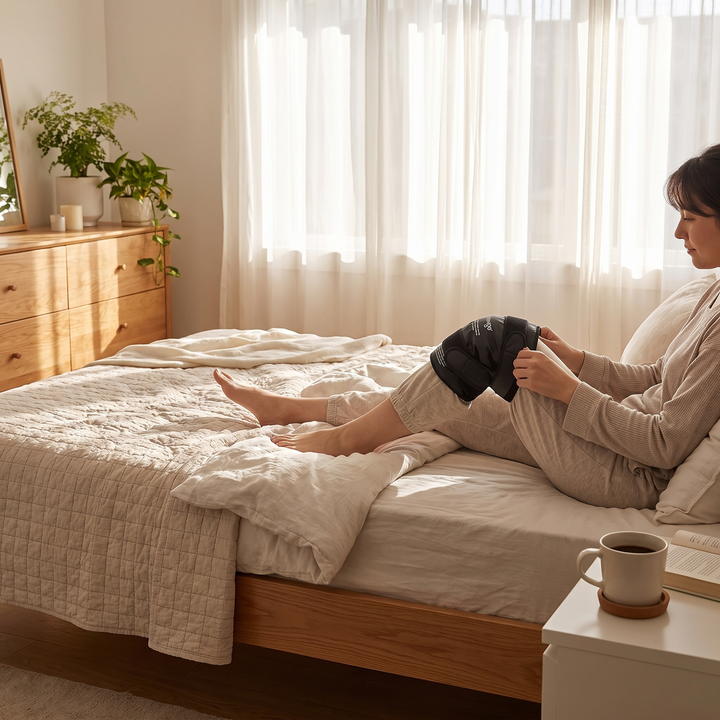 Person adjusting the knee ice pack wrap at home in a bedroom setting