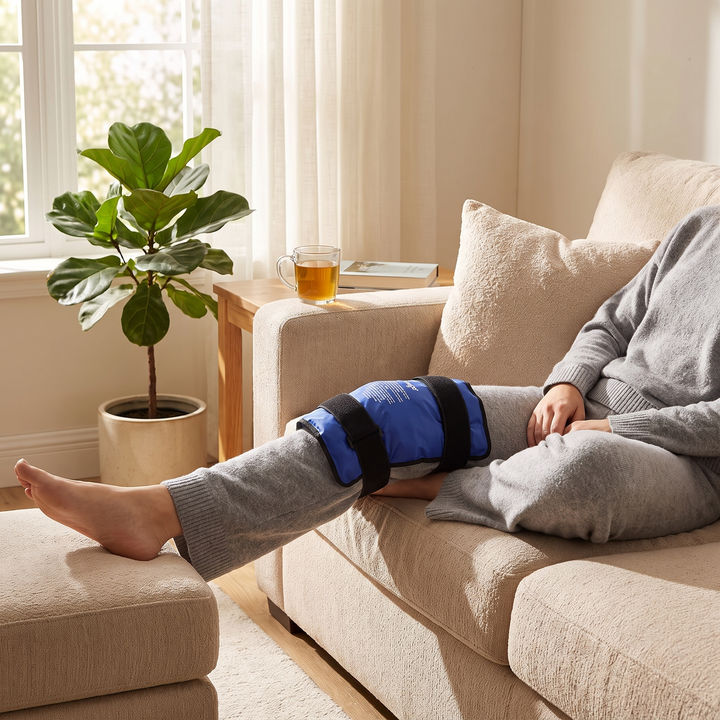 Person relaxing at home on a sofa wearing the knee ice pack wrap
