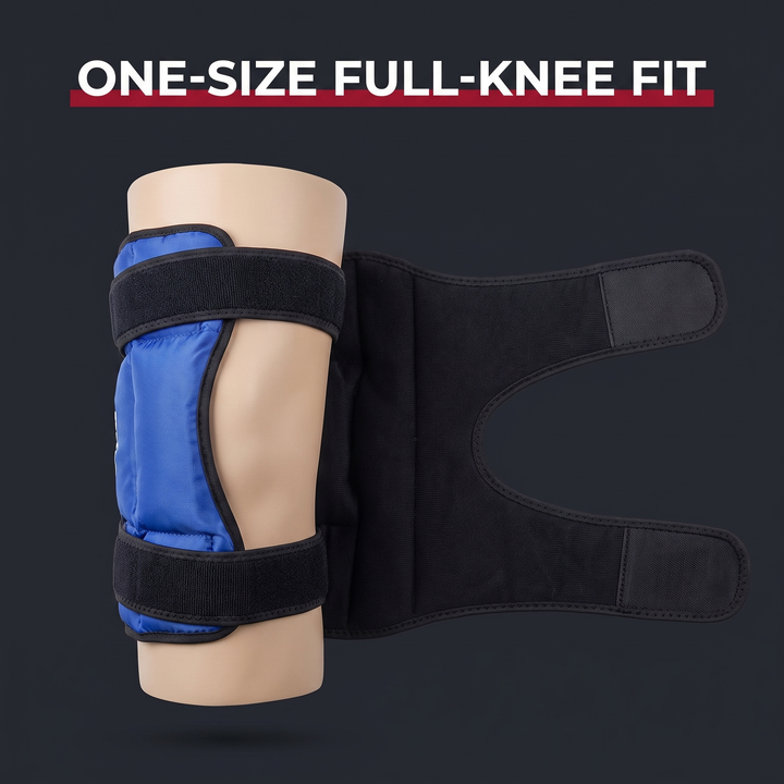Knee ice pack wrap wrapped around knee form showing full-knee fit