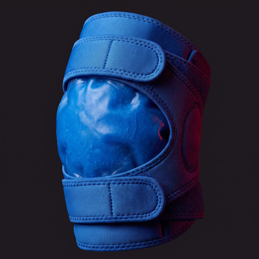Blue reusable knee ice pack wrap - flexible gel pack close-up view