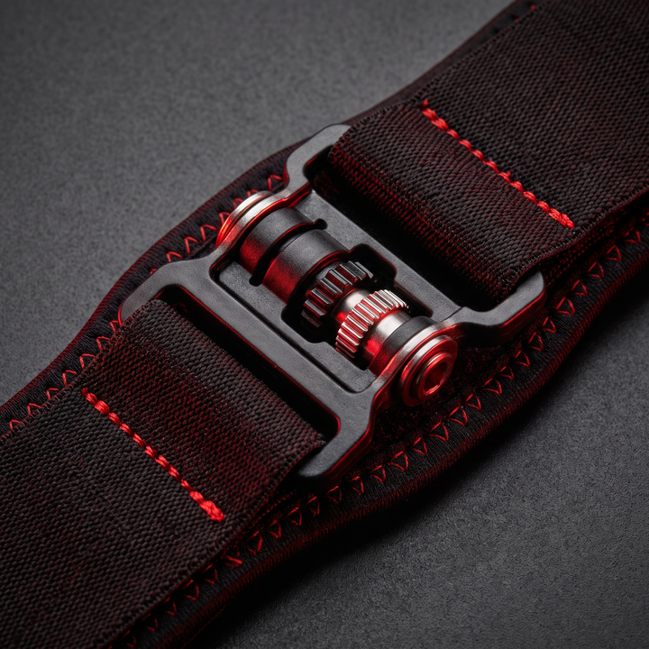 Close-up of adjustable buckle closure mechanism on knee support strap