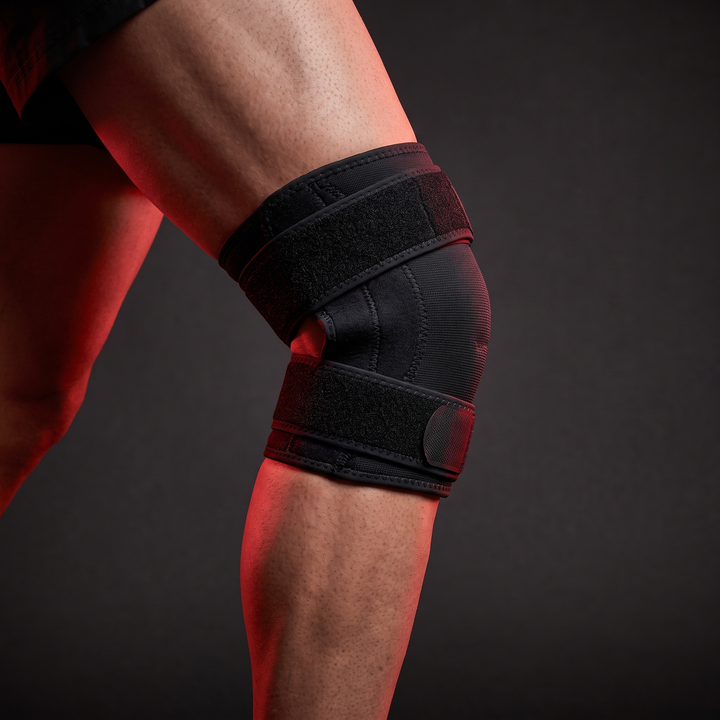 Side profile of knee support strap fitted on athletic leg