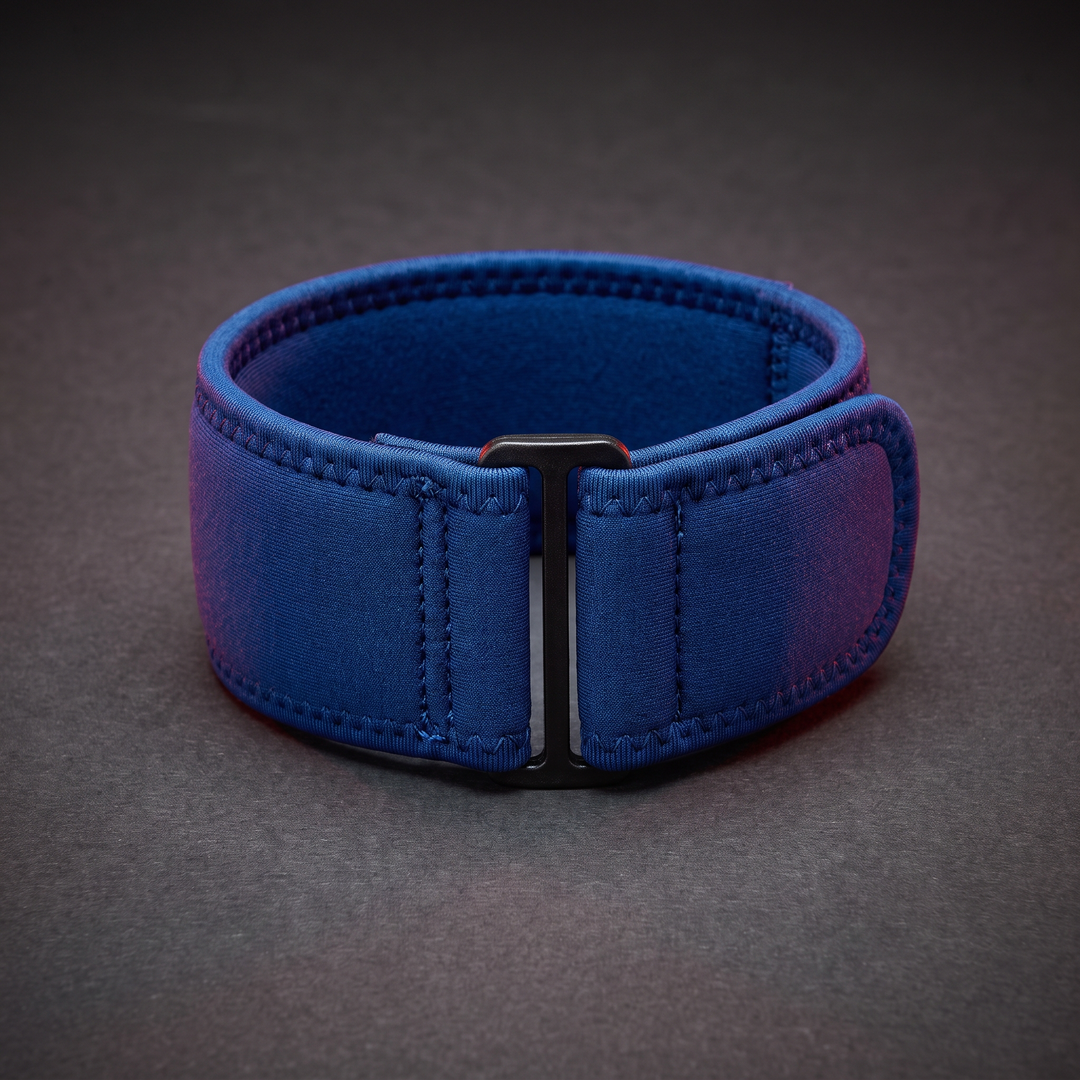 Blue adjustable knee support strap for basketball, running, and gym training