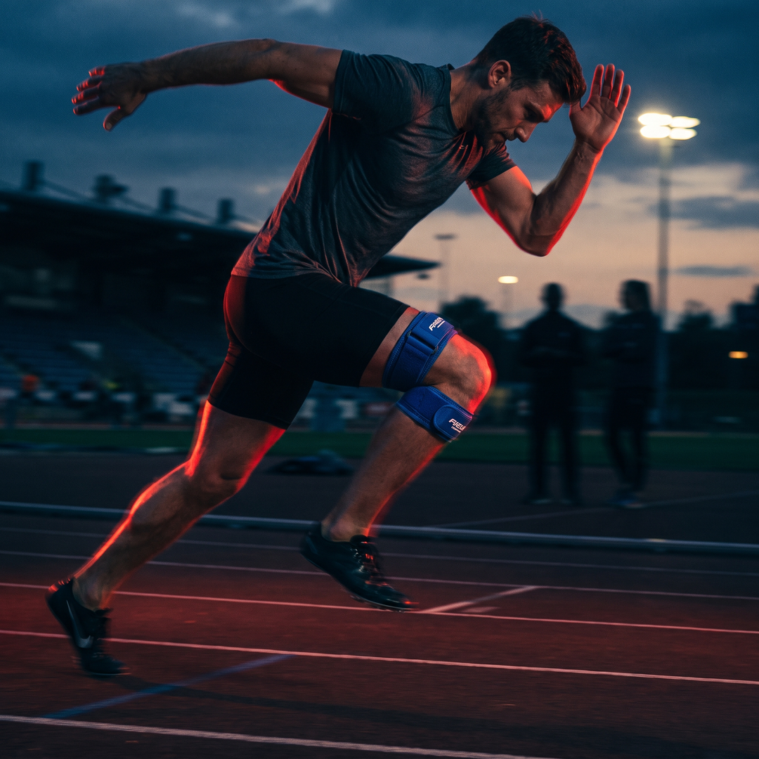Runner wearing blue knee support strap while sprinting on track