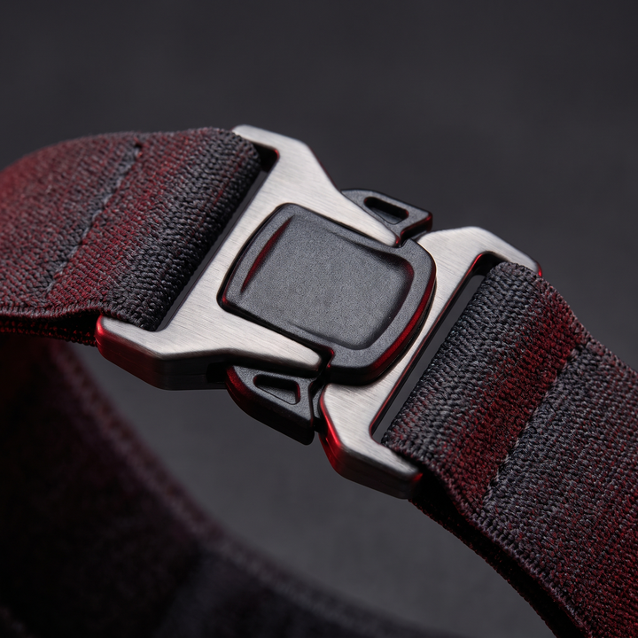 Close-up of buckle closure hardware on knee support strap