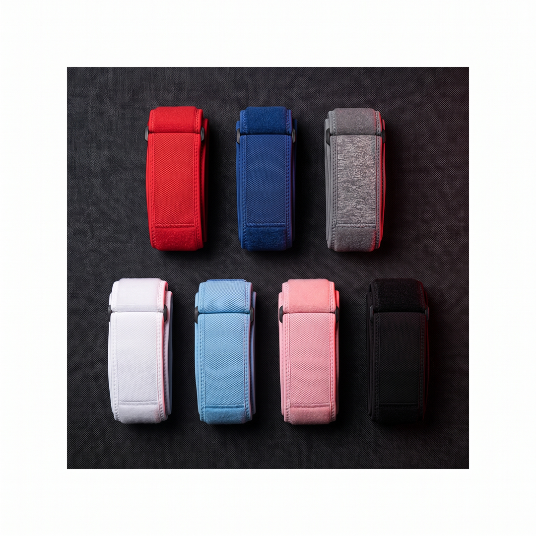 Color comparison chart of knee support strap in seven colors: red, blue, gray, white, light blue, pink, black