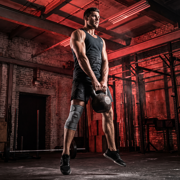 Athlete wearing gray knee support strap while lifting kettlebell