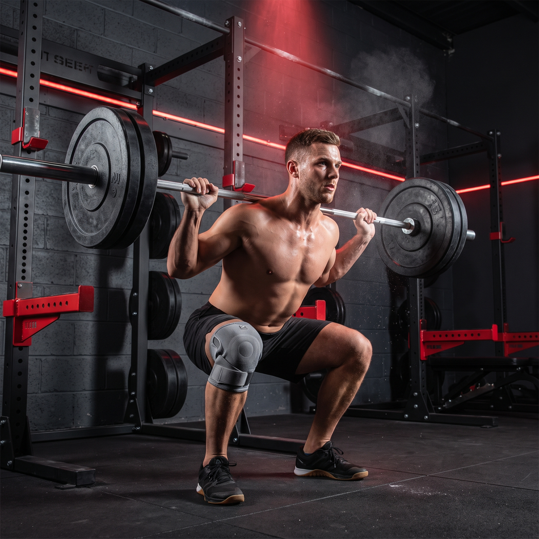 Athlete wearing gray knee support strap during barbell squat training