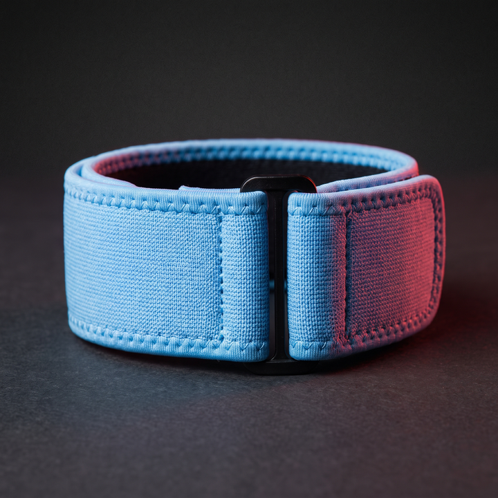 Light blue adjustable knee support strap for basketball, running, and gym training