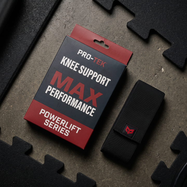 Knee support strap packaging flat lay with bold sport gym branding