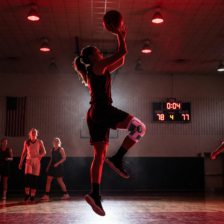 Athlete wearing pink knee support strap during basketball game