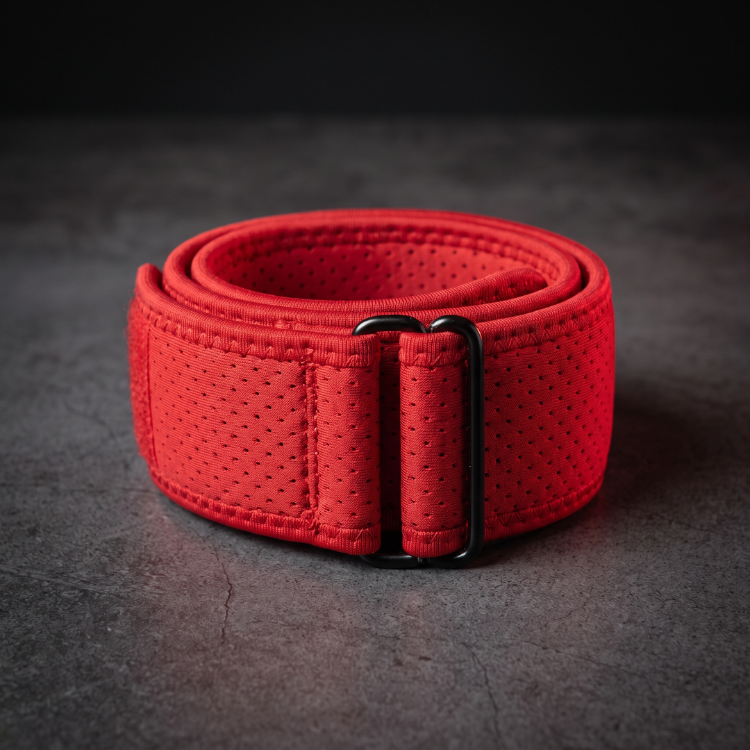 Red adjustable knee support strap for basketball, running, and gym training