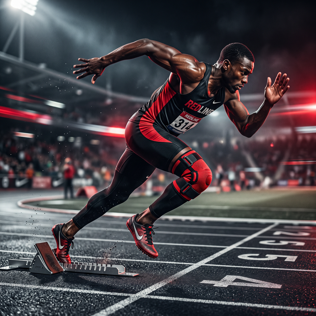 Sprinter wearing red knee support strap out of starting blocks